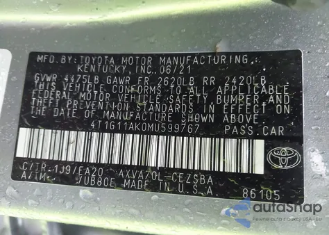 2021 Toyota Camry Se из США, поврежденный, VIN 4T1G11AK0MU599767